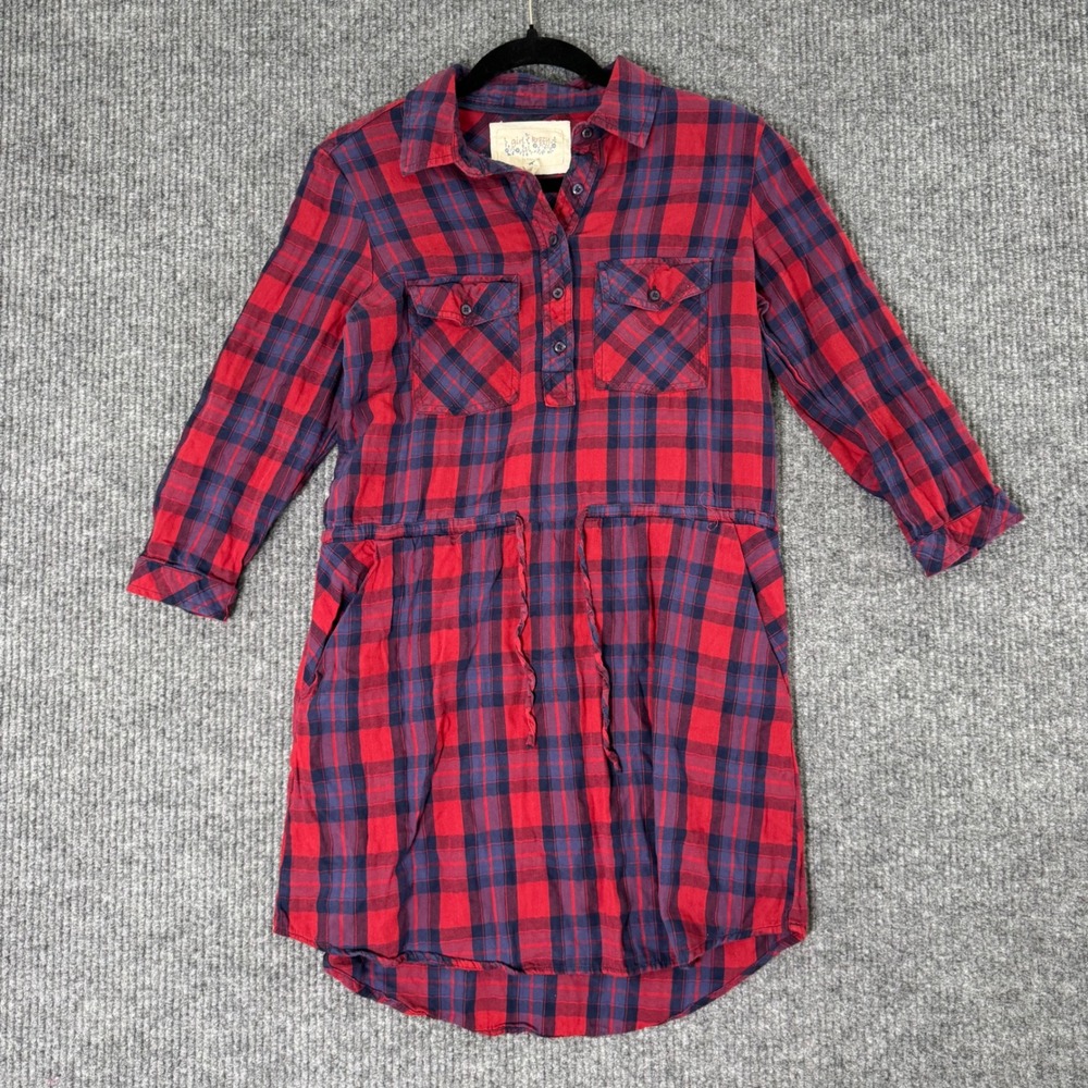 Girl Krazy Womens S Plaid Shirt Dress Red Blue 3/4 Sleeve Y2K Indie Sleazecore